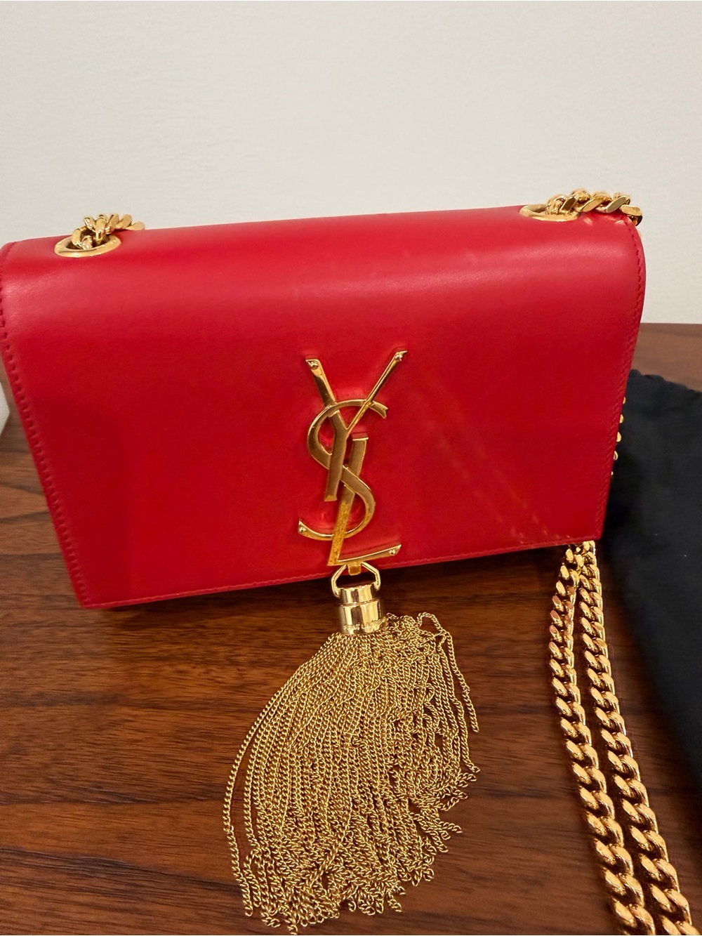 Saint Laurent Red Leather Kate Tassel Chain Bag with Gold Hardware